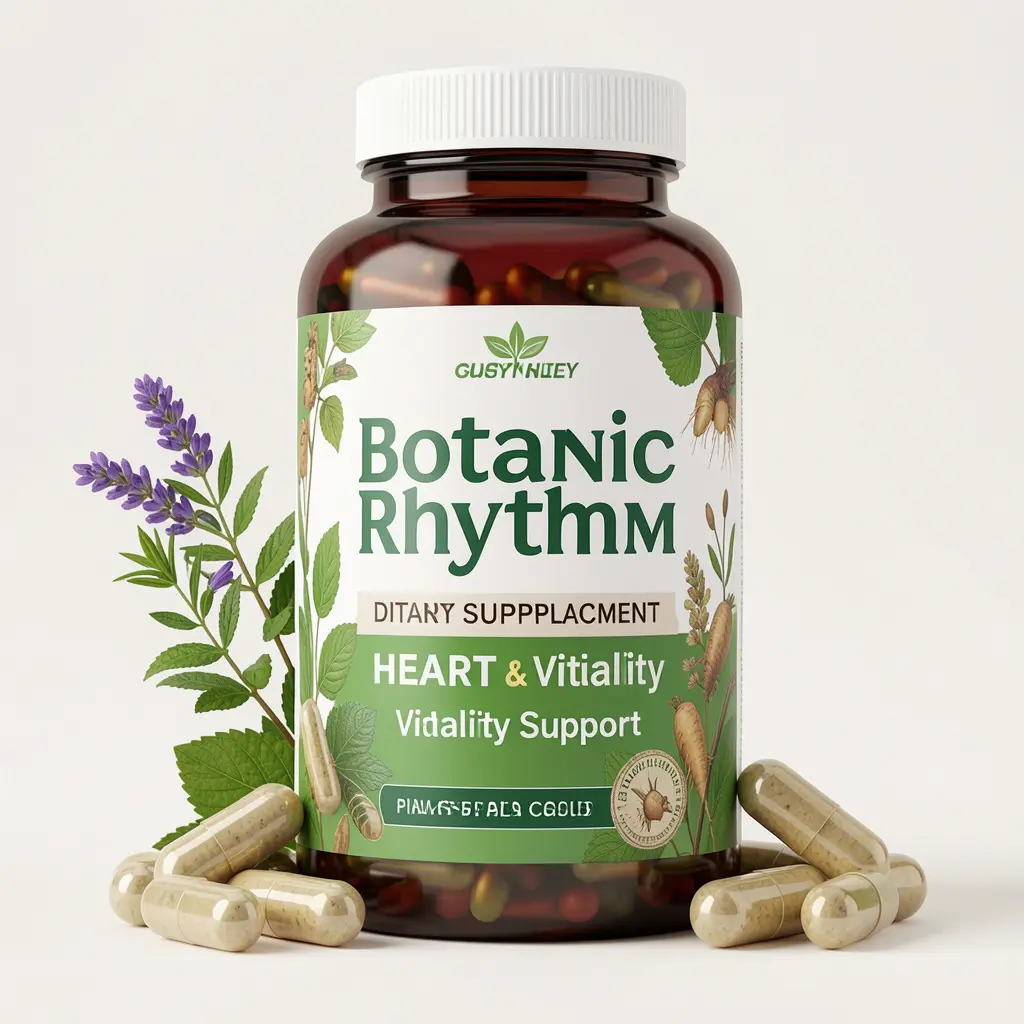 Botanic Rhythm dietary supplement bottle with plant-based capsules for heart and vitality support